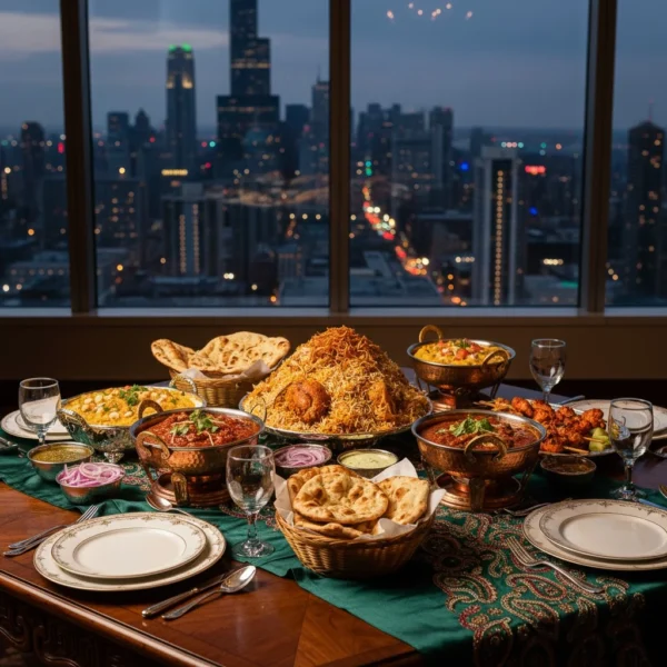 Lavish Pakistani halal catering table for family gatherings or weddings in Chicago, featuring chicken biryani, naan, curries, and tikka boti, with an illuminated Chicago skyline background.
