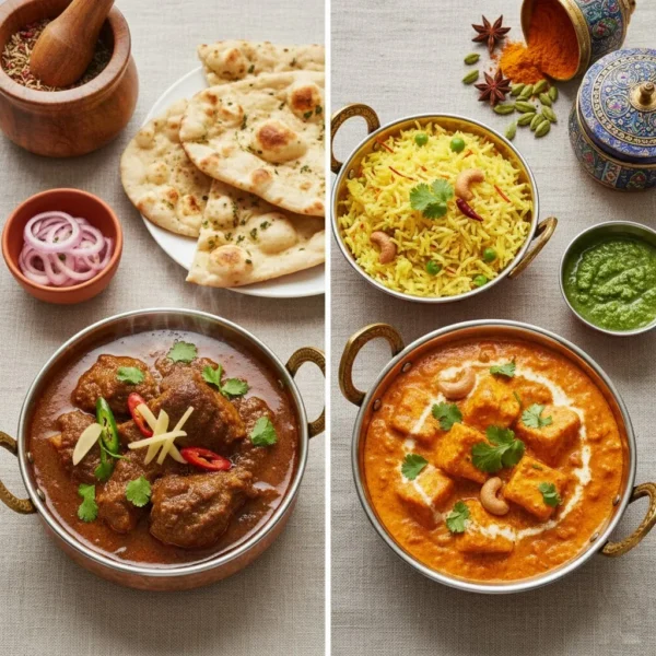 Pakistani vs Indian Cuisine food difference: Rich mutton nihari or karahi with naan and onions (left) next to creamy Indian paneer butter masala and saffron rice with spices (right).