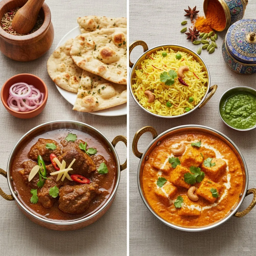 Pakistani vs Indian Cuisine food difference: Rich mutton nihari or karahi with naan and onions (left) next to creamy Indian paneer butter masala and saffron rice with spices (right).