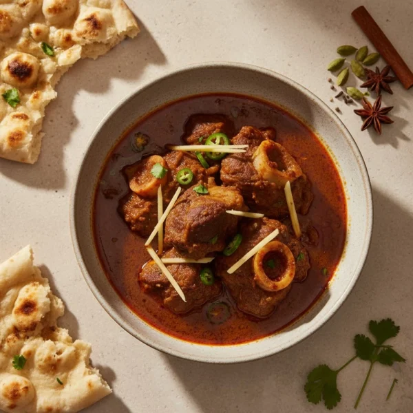 Richly colored Indian or Pakistani lamb or goat curry (Bhuna Gosht or Rogan Josh style) in a light grey bowl, garnished with thin slivers of ginger and slices of green chili. The bowl of savory, deep red-brown curry is presented on a light-colored surface next to pieces of fluffy Naan bread and scattered whole spices like cardamom pods, cinnamon sticks, and star anise. Studio lighting casts distinct shadows, highlighting the texture of the dish.